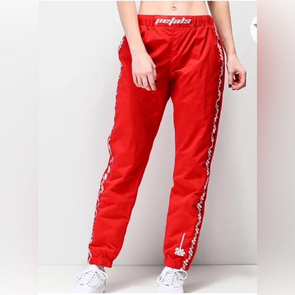 Petals & Peacocks, Be Kind to My Petals Red Nylon Rose Side Print Joggers